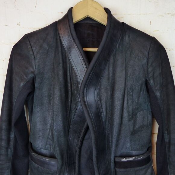 Rick Owen Distress Lamb Leather Jacket Women 6US Black Open Front Goth Y2K FLAWS - Picture 5 of 15